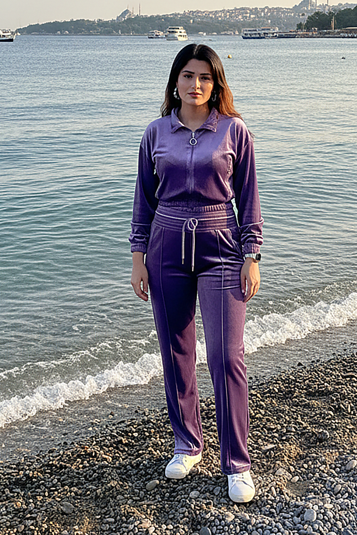 Kadın Mor Fermuarlı Eşofman Takımı – Rahat Kesim İkili Takım